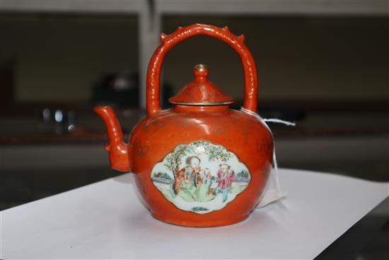 A Chinese coral ground famille rose teapot, late 19th century, H. 13cm